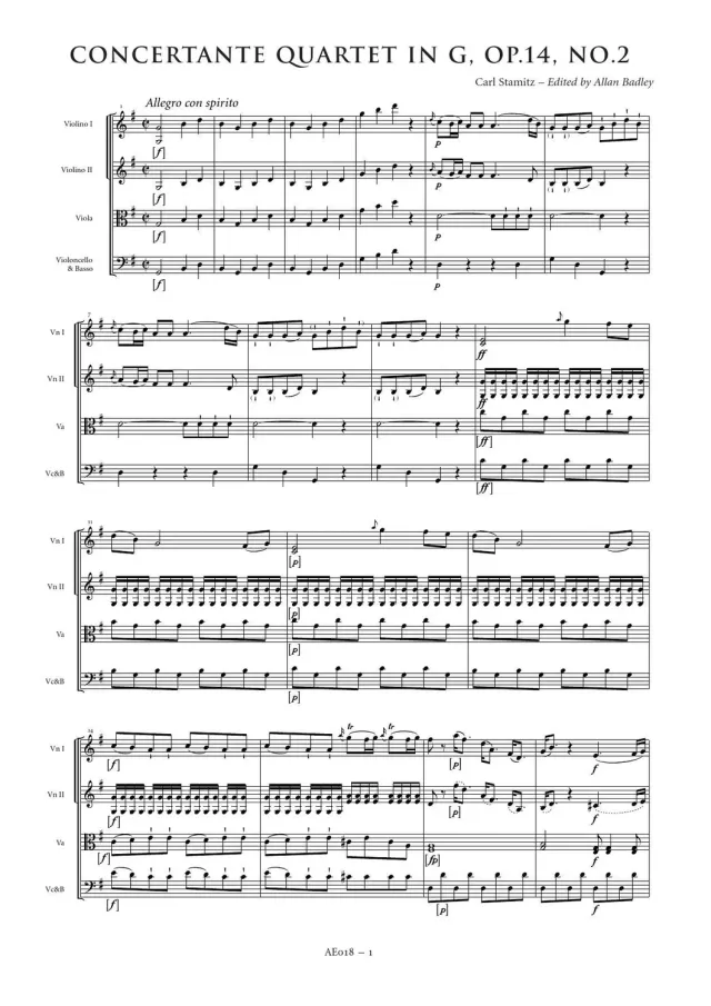 Artaria AE018 Stamitz Quartett G-Dur op. 14 Nr. 2 Noten 15 Min