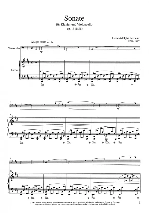 Furore Edition Sonate D-Dur op. 17 Cello-Partitur mittelschwer
