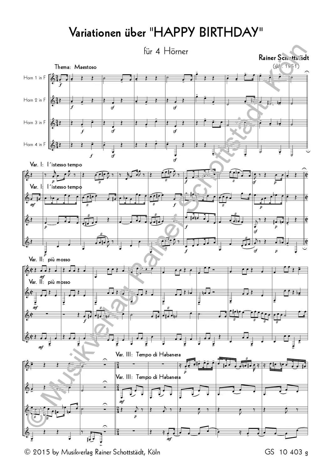Musikverlag Rainer Schottstädt Variationen über ein Geburtstagslied Noten für 4 Hörner