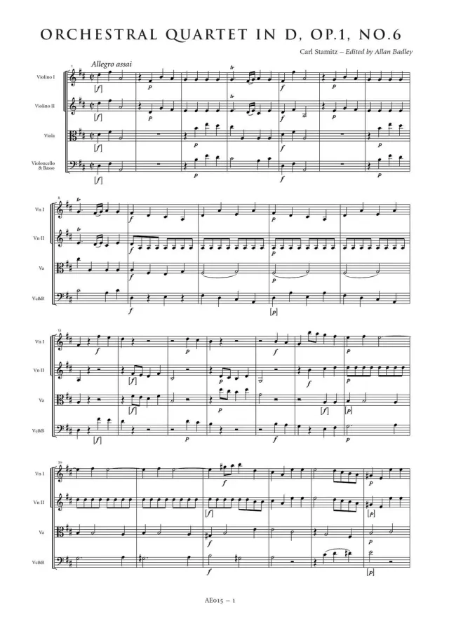 Artaria Stamitz Orchesterquartett D-Dur op. 1 Nr. 6 Partitur