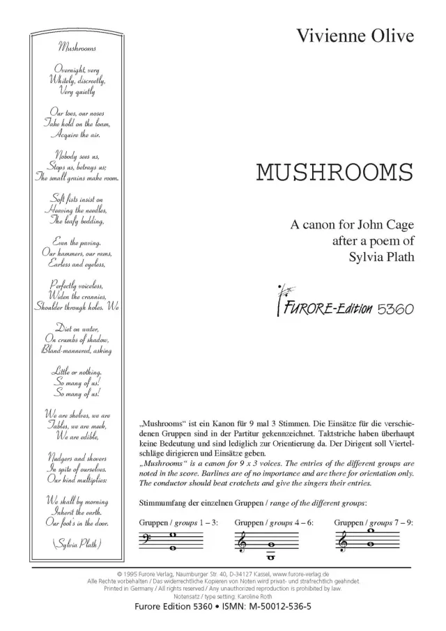 Furore Edition Mushrooms Ein Kanon für John Cage nach einem Gedicht von Sylvia Plath für drei-neun Stimmen