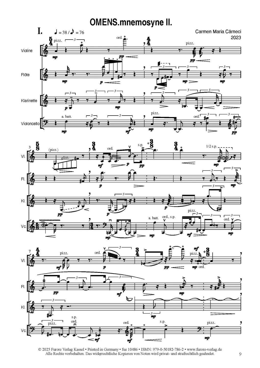 Furore Edition Omens mnemosyne II Noten Flöte Klarinette Cello