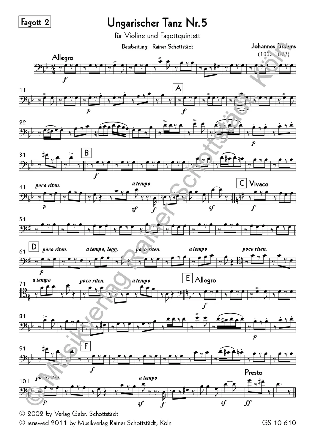 Musikverlag Rainer Schottstädt Ungarische Tänze 5 und 6 Noten für Violine und Fagottquartett