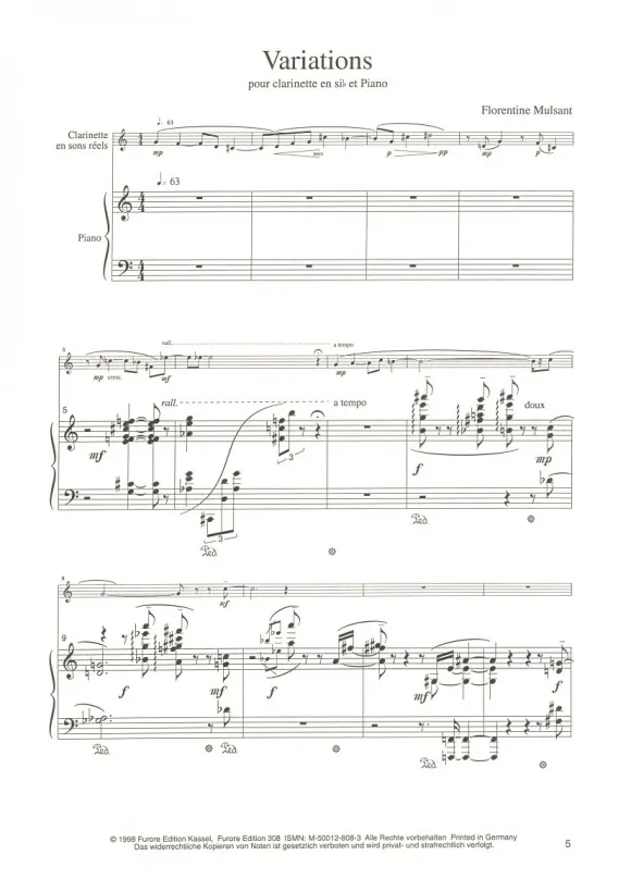 Furore Edition Variations pour clarinette et piano für Klarinette und Klavier