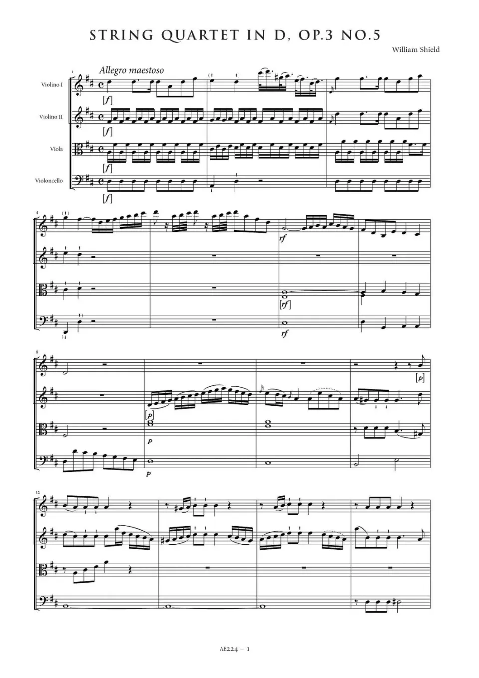 Artaria Shield Streichquartett D-Dur Op 3 Nr 5 AE224 Noten