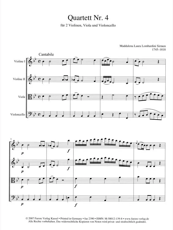 Furore Edition String Quartet No. 4 Streichquartett B-Dur Stimmen