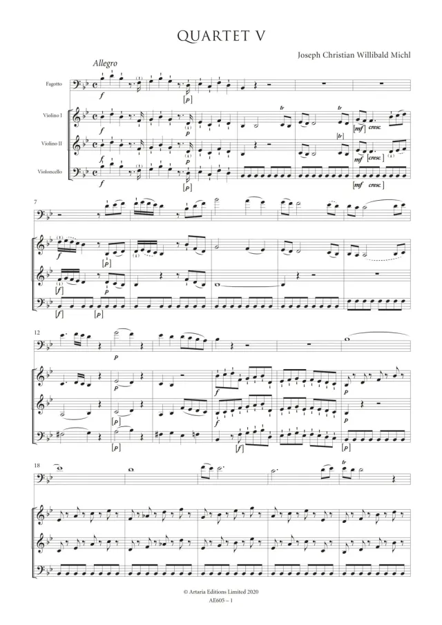 Artaria Michl Quartet in B-flat major for Bassoon and Strings (Schwemmer B XIX: 3.5) Quartett