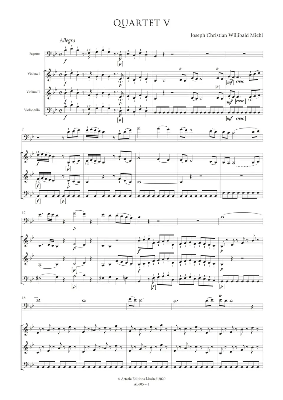 Artaria Michl Quartet in B-flat major for Bassoon and Strings (Schwemmer B XIX: 3.5) Quartett