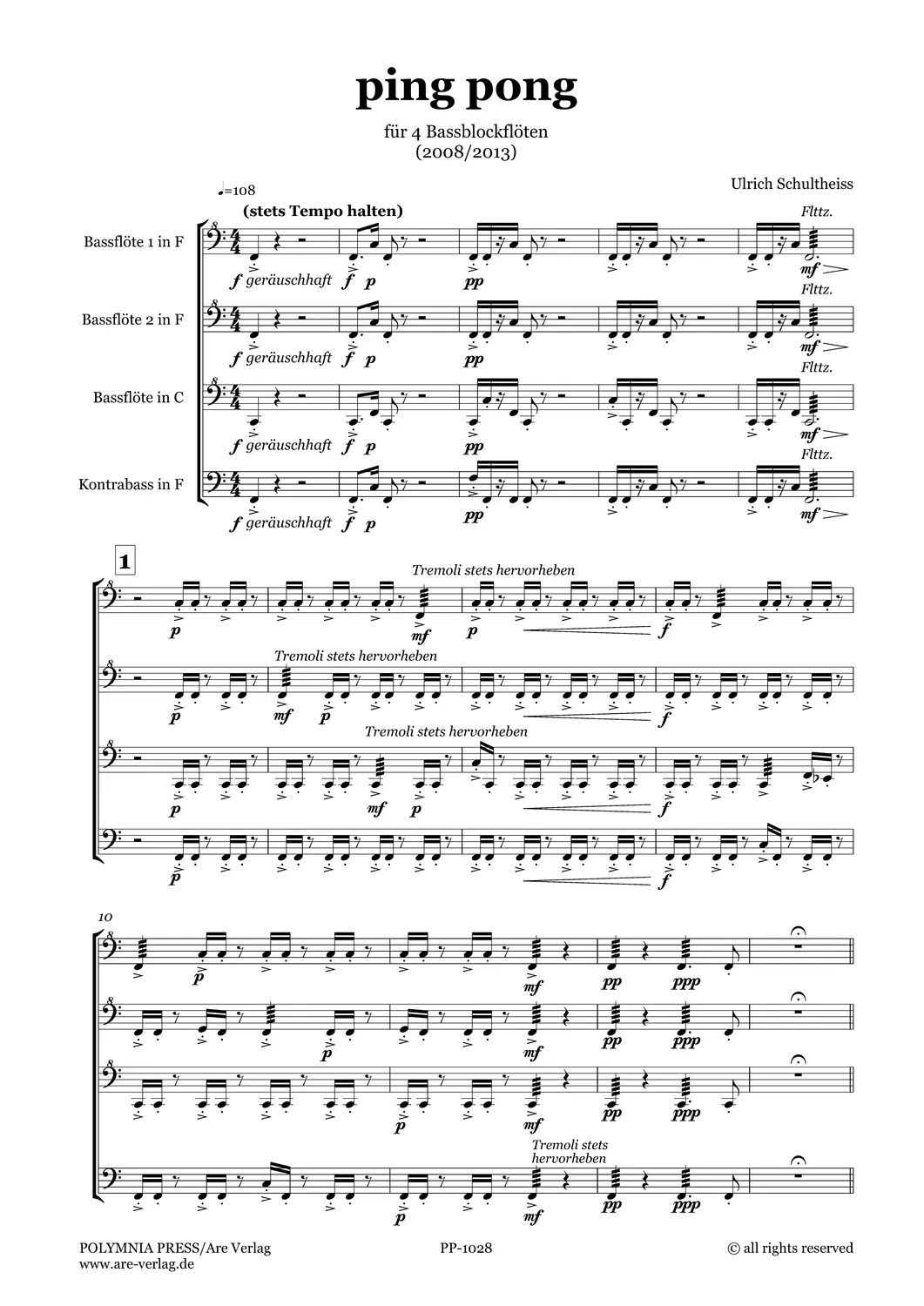 Are Musik Verlag Ulrich Schultheiss ping pong (2008/2013) Partitur und Stimmen für 4 Bassblockflöten
