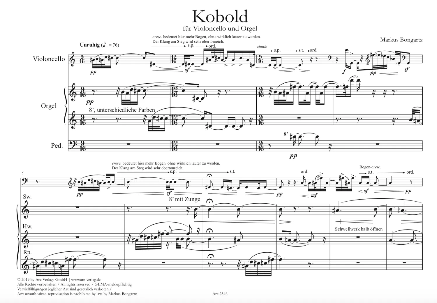 Are Musik Verlag Kobold Noten für Cello und Orgel