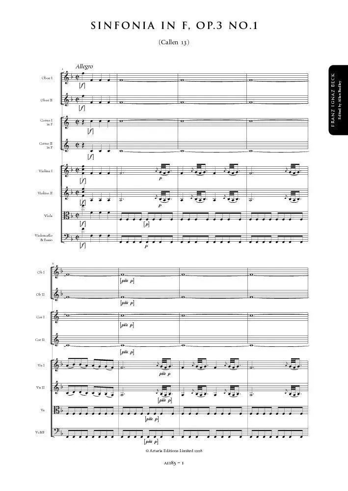 Artaria Beck Sinfonie F-Dur Op.3 Nr.1 Partitur für Orchester