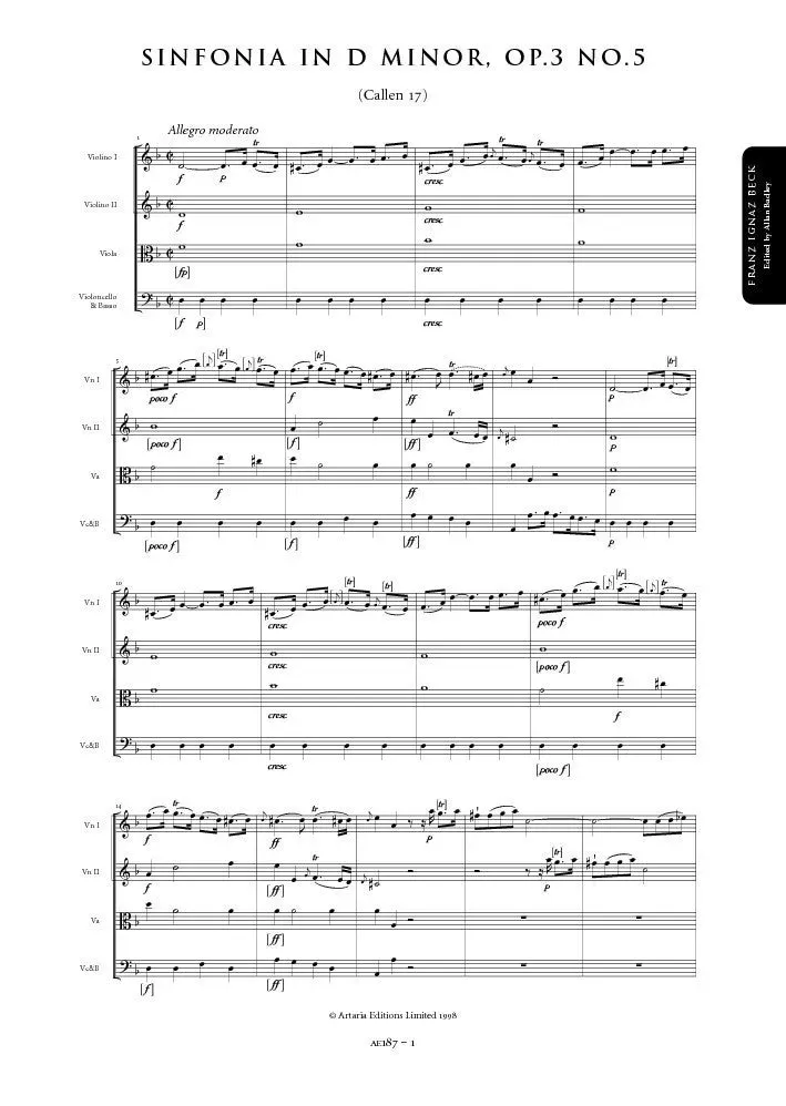 Artaria Beck Sinfonie d-Moll Op.3 Nr.5 Noten Streicher