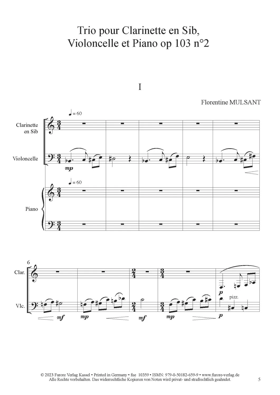 Furore Edition Trio op. 103 Nr. 2 Noten Klavier Klarinette Cello