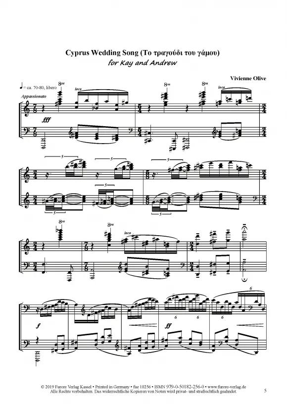 Furore Edition Cyprus Wedding Song Klaviernoten solo schwer