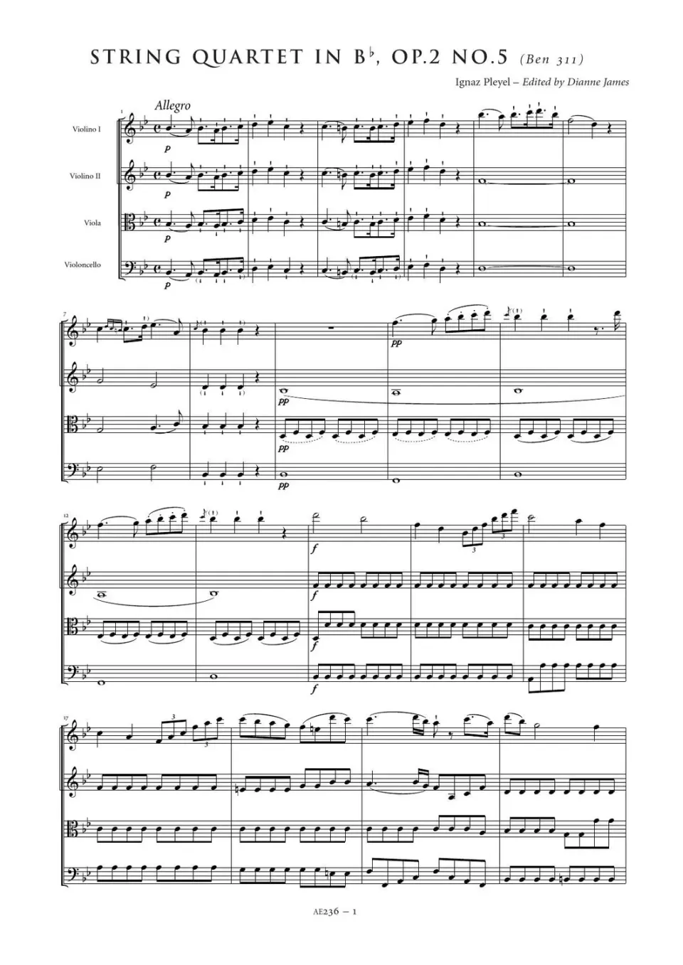 Artaria Pleyel String Quartet in B flat major Op. 2 No. 5 Benton 311 Streichquartett