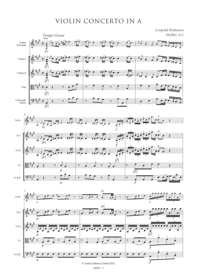 Artaria Hofmann Violinkonzert A-Dur Violine Noten