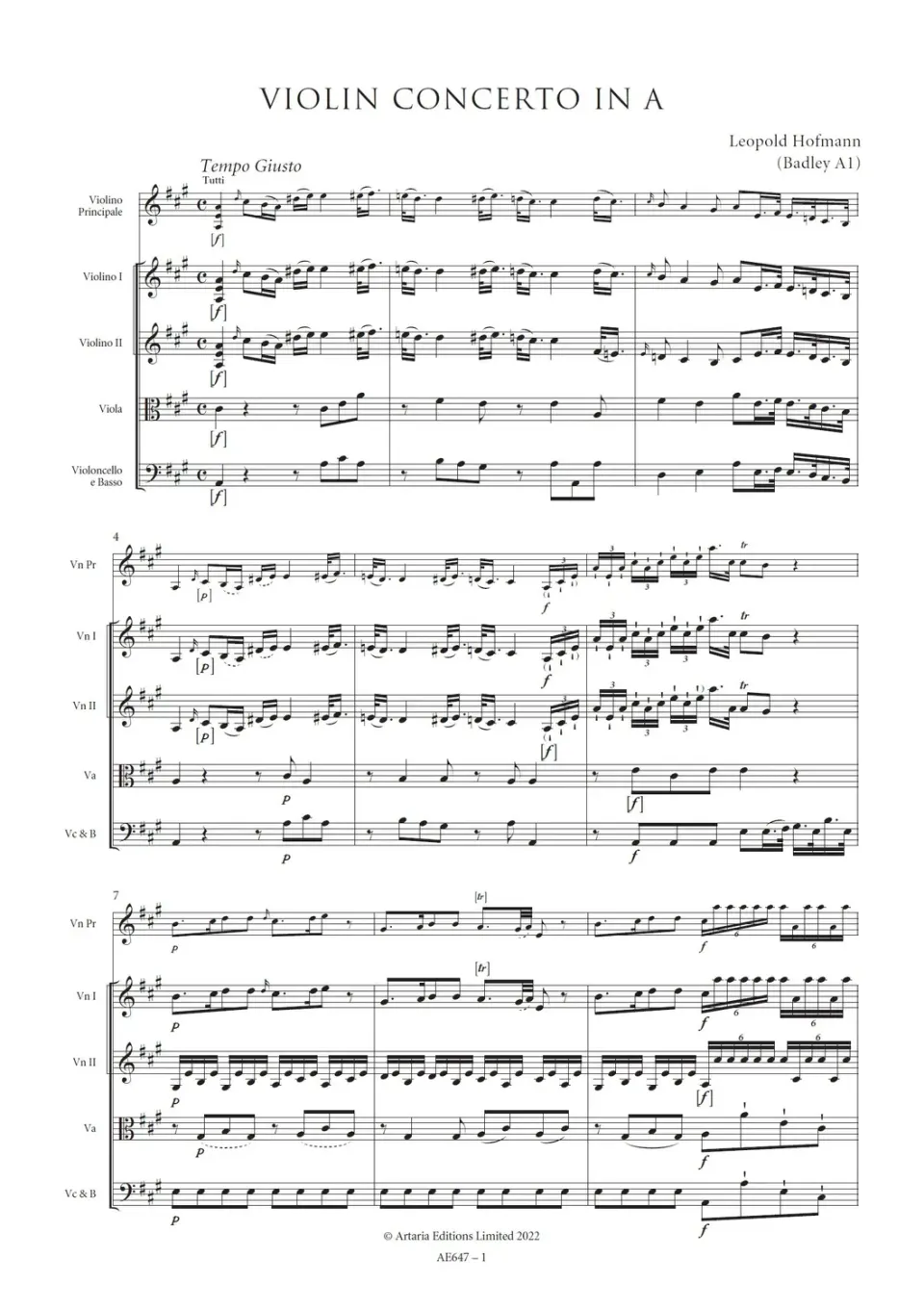 Artaria Hofmann Violinkonzert A-Dur Violine Noten