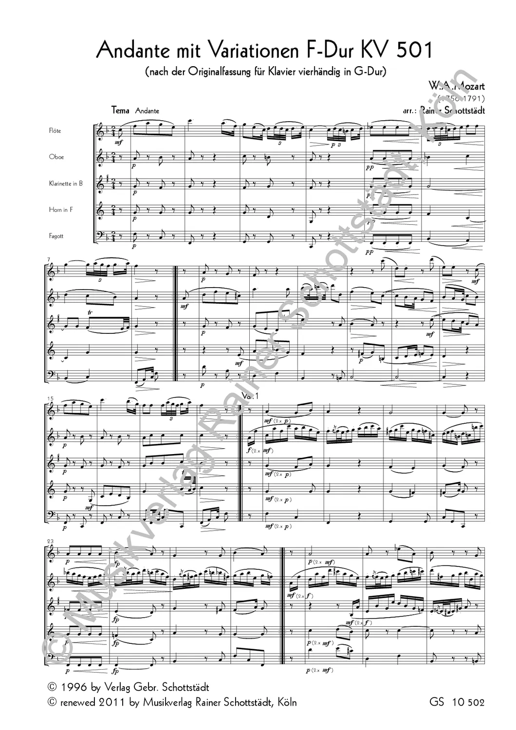 Musikverlag Rainer Schottstädt Andante mit Variationen F-dur KV 501 Noten