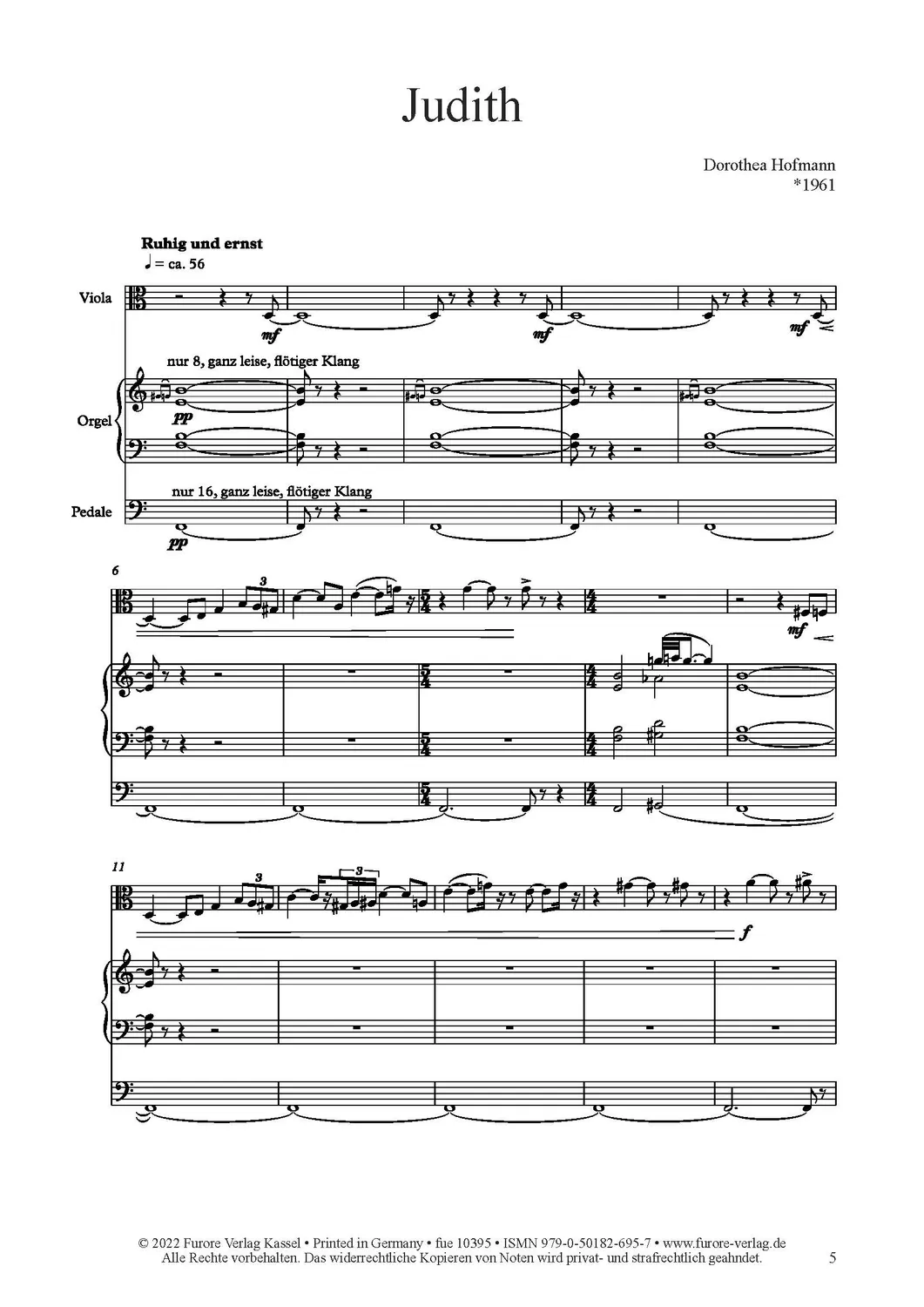 Furore Edition Judith fue 10395 Noten für Viola und Orgel