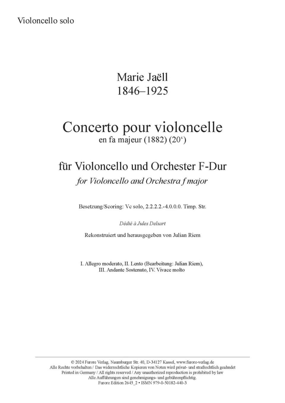 Furore Edition Concerto pour violoncelle Cello-Solostimme