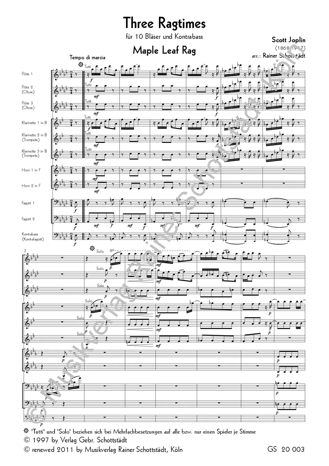 Musikverlag Rainer Schottstädt 3 Ragtimes Noten 10 Bläser