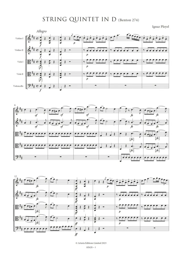 Artaria Pleyel Streichquintett D-Dur Benton 274 Noten