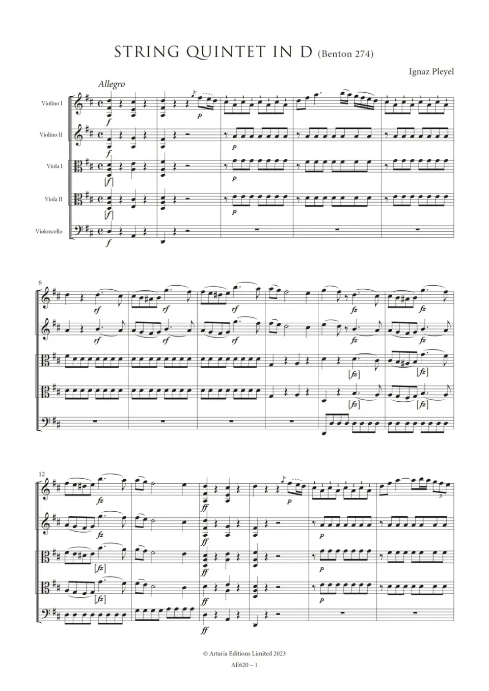 Artaria Pleyel Streichquintett D-Dur Benton 274 Noten