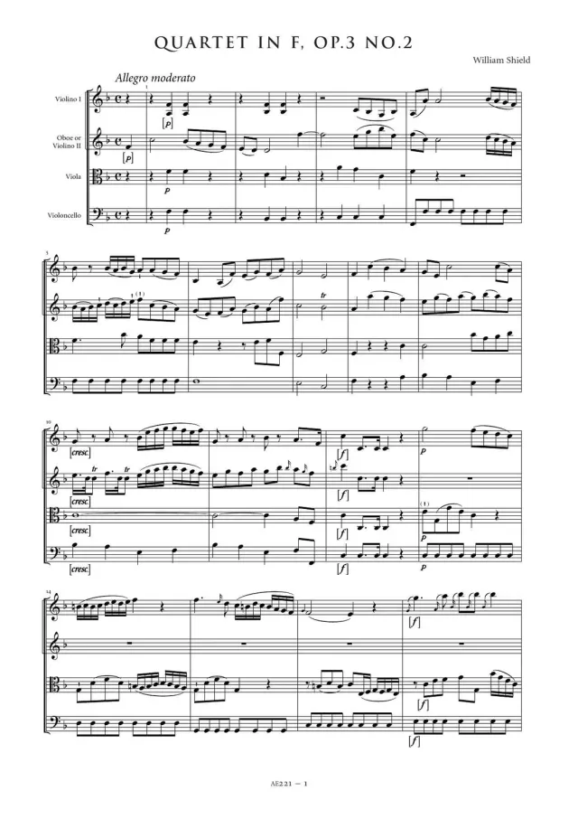 Artaria AE221 Shield Streichquartett F-Dur Op.3 Nr.2 Noten