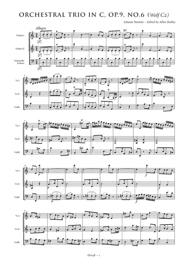 Artaria Stamitz Orchestertrio C-Dur op.9 Nr.6 Noten Streicher
