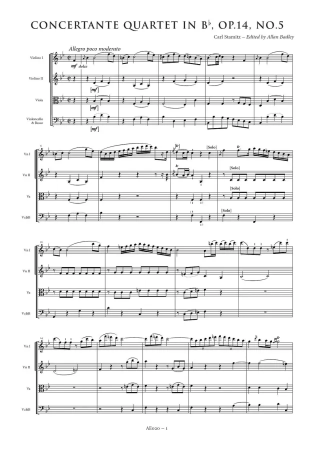 Artaria AE020 Stamitz Quartett B-Dur op. 14 Nr. 5 Streichquartett