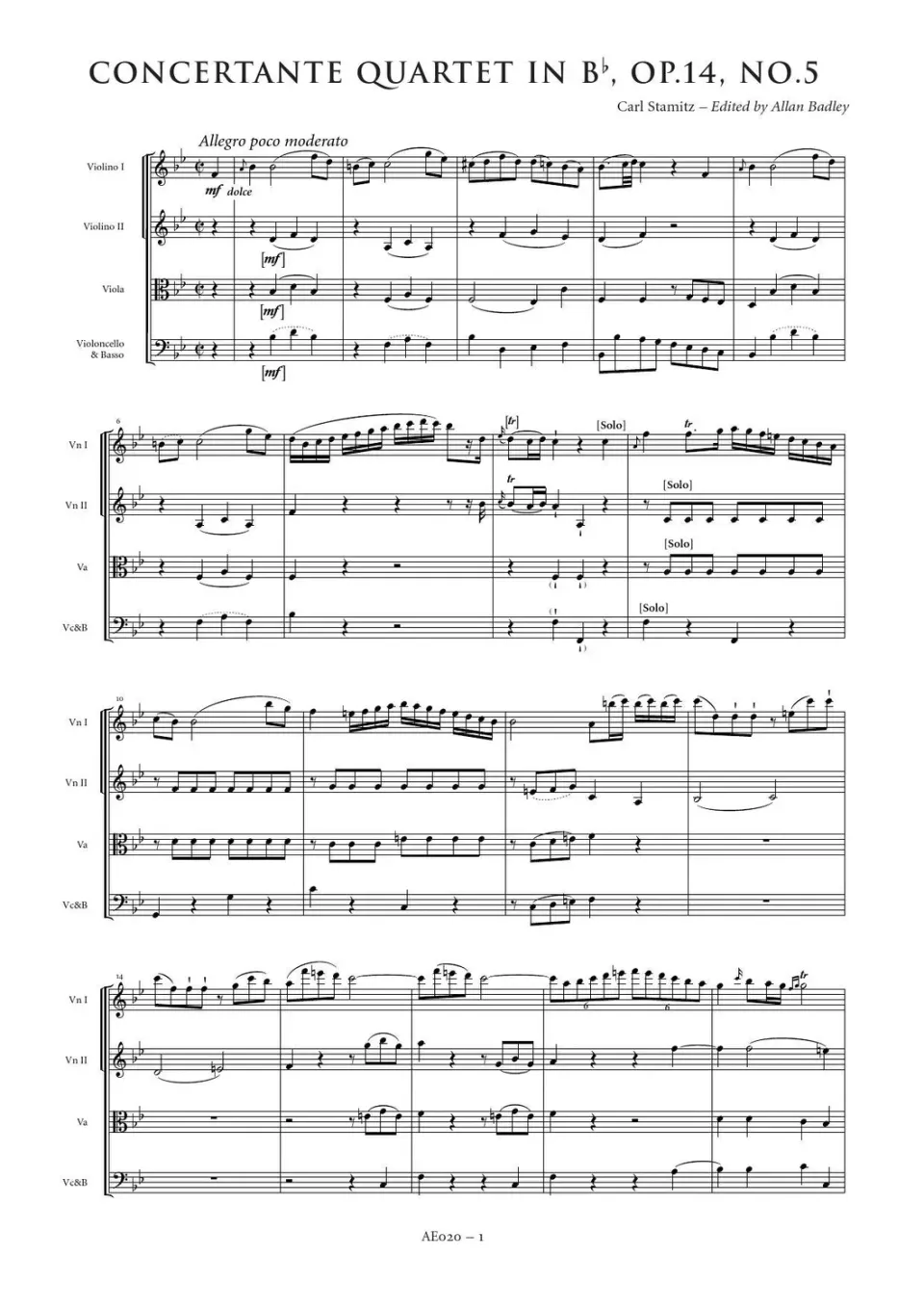 Artaria AE020 Stamitz Quartett B-Dur op. 14 Nr. 5 Streichquartett