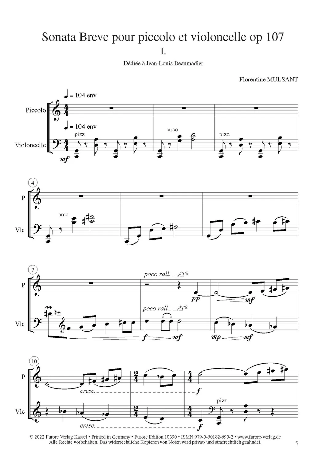 Furore Edition Sonata Breve op. 107 Noten Piccolo Cello