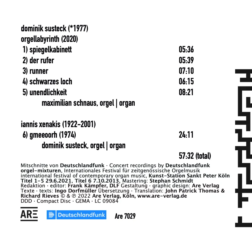 Are Musik Verlag Orgellabyrinth CD Dominik Susteck und Iannis Xenakis