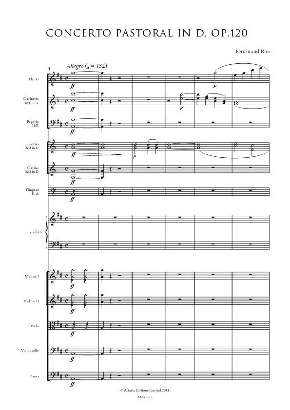 Artaria Ries Klavierkonzert Nr. 5 D-Dur Op. 120 Notenausgabe