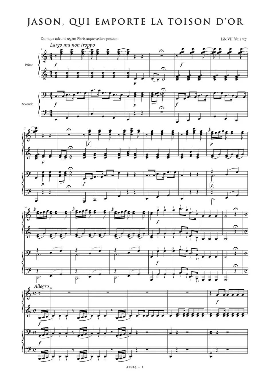 Artaria AE214 Dittersdorf Jason-Sonate Klavier 4-händig Noten