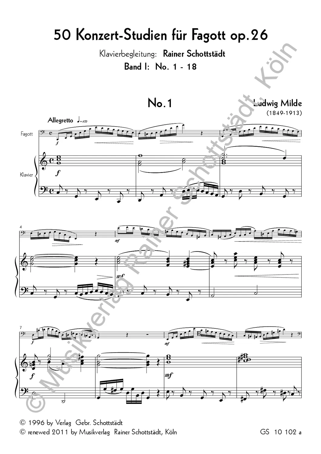 Musikverlag Rainer Schottstädt Klavierbegleitung zu den 50 Konzertstudien op. 26 Band 1