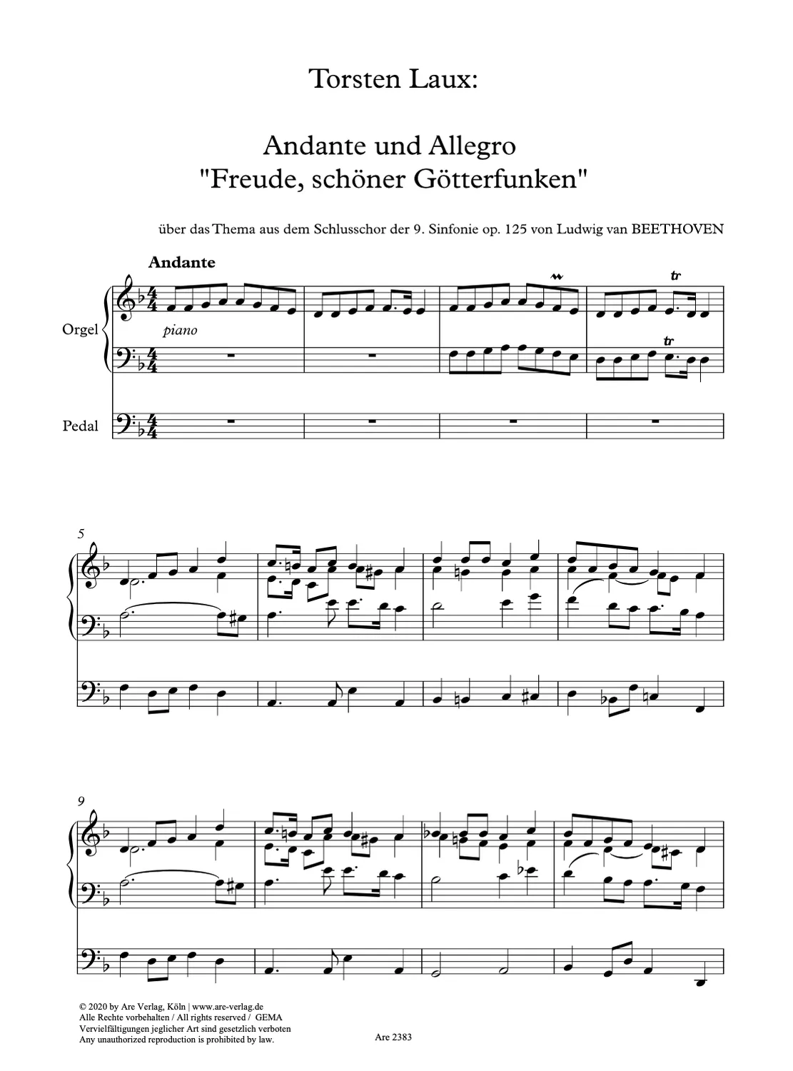 Are Musik Verlag Laux Freude schöner Götterfunken Orgelnoten