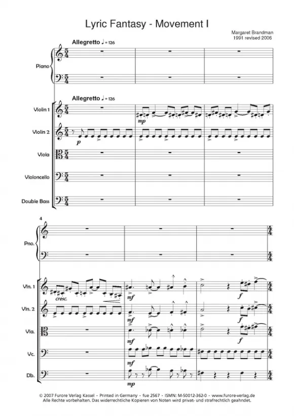 Furore Edition Lyric fantasy Klavier Streichorchester Partitur