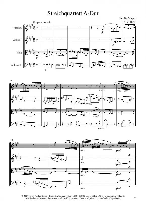 Furore Edition Streichquartett A-Dur 1856 Noten für Violine Viola Cello