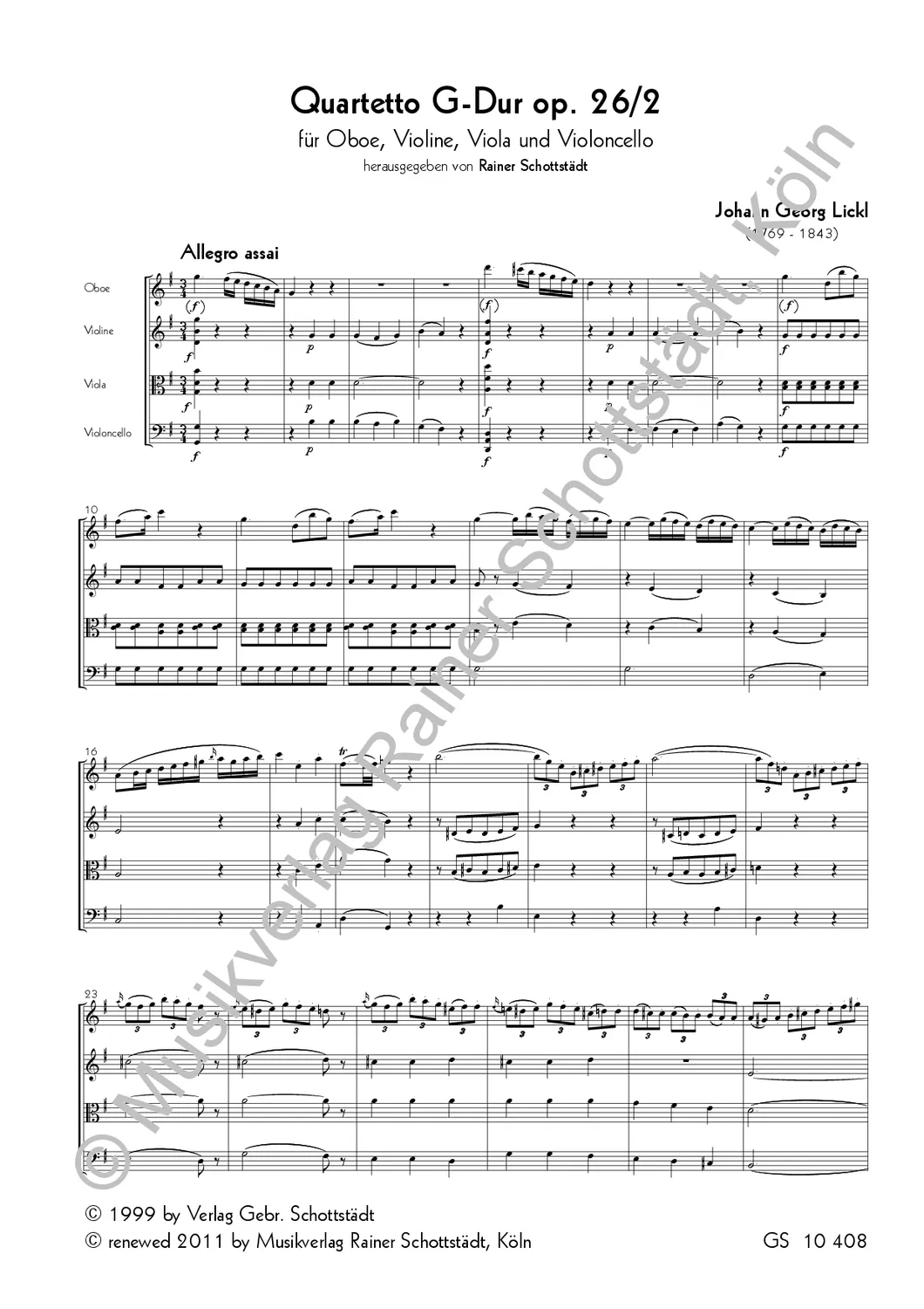 Schottstädt Quartetto G-Dur op. 26/2 Noten Oboe Streichtrio