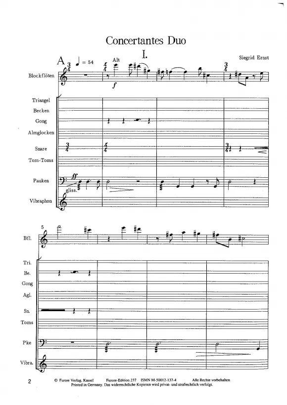 Furore Edition Concertantes Duo für Blockflöte und Schlagwerk Partitur und Stimme