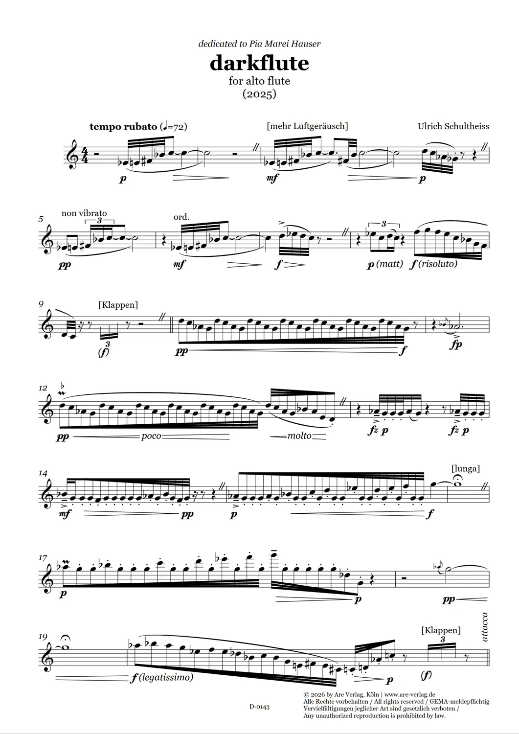 Are Musik Verlag Schultheiss Darkflute Altflöte Noten