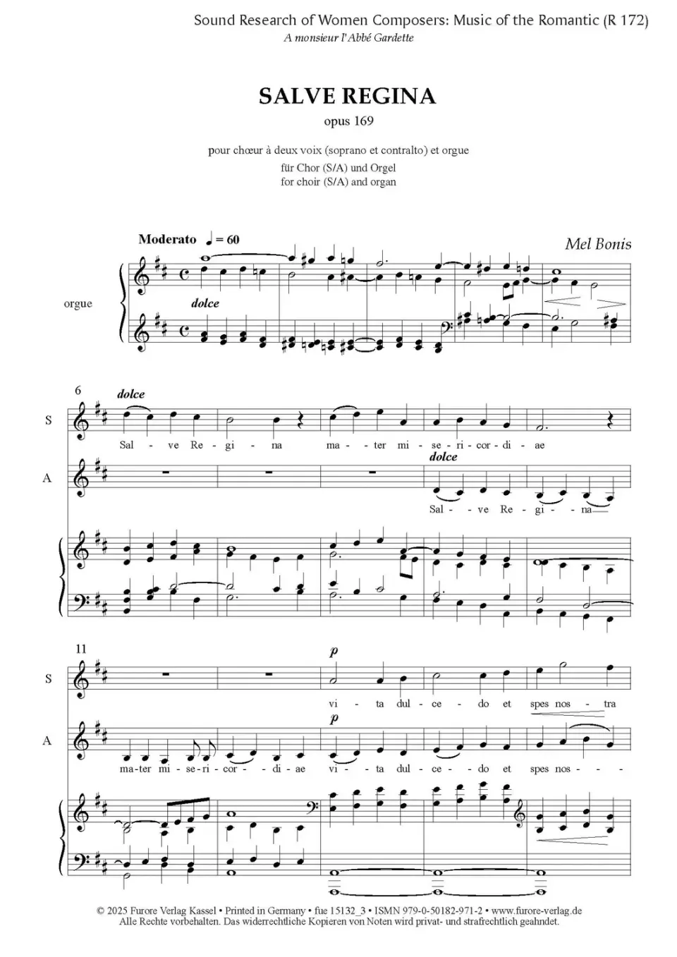 Furore Edition Salve Regina für zweistimmigen Chor Sopran Alt und Orgel
