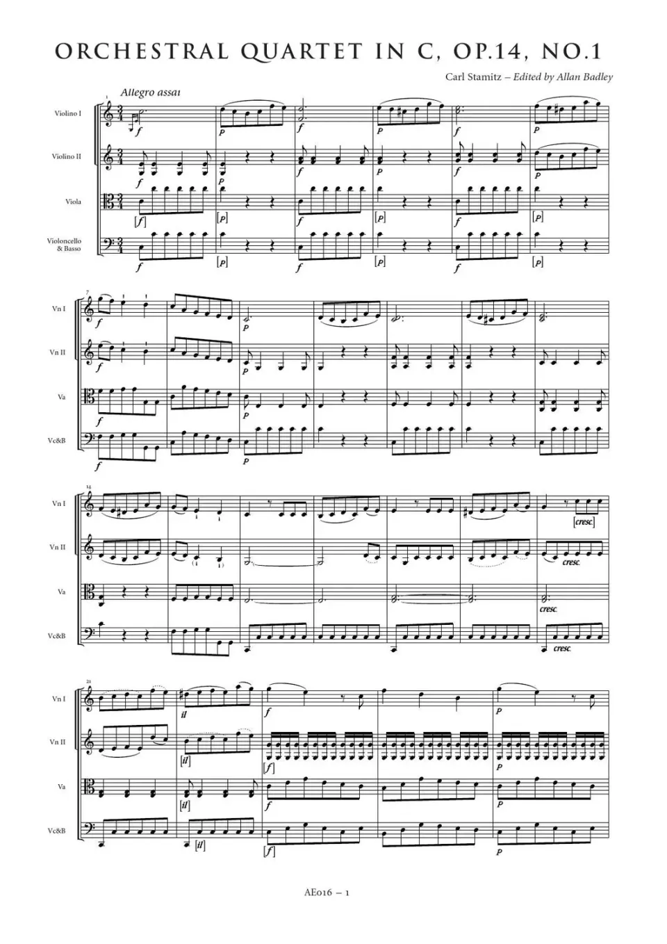 Artaria Stamitz, Carl Orchestral Quartet in C major, Op. 14, No. 1