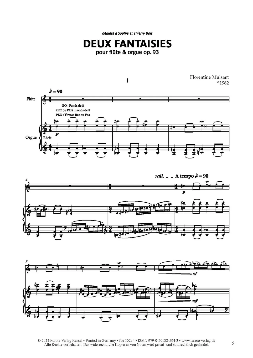 Furore Edition Deux Fantasies Flöte Orgel op. 93 Noten