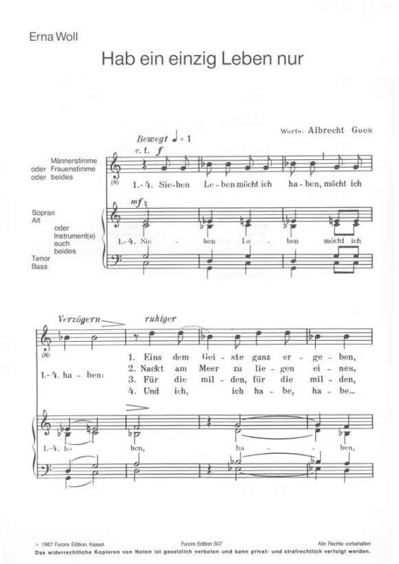 Furore Edition Hab’ ein einzig Leben nur Chorpartitur a cappella