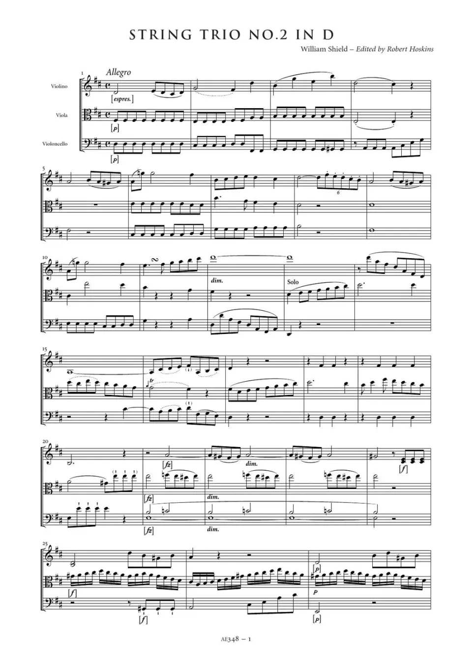 Artaria Shield Streichtrio Nr. 2 D-Dur Noten Violine Viola Cello