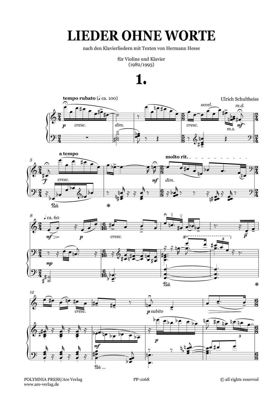 Are Musik Verlag Schultheiss Lieder ohne Worte Violine Klavier Noten