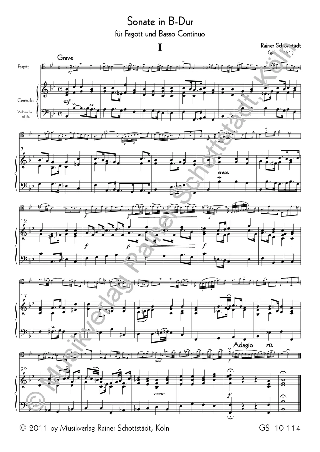 Musikverlag Rainer Schottstädt Sonate B-dur Noten Fagott Basso continuo