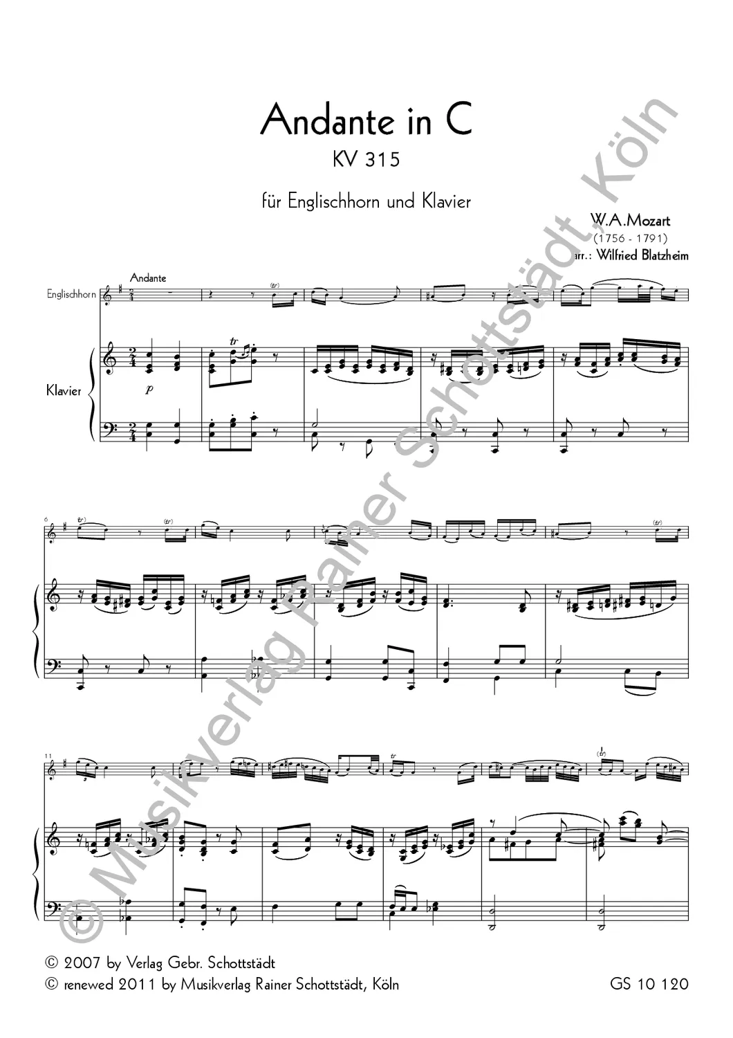 Musikverlag Rainer Schottstädt Andante in C KV 315 Noten Englischhorn Klavier